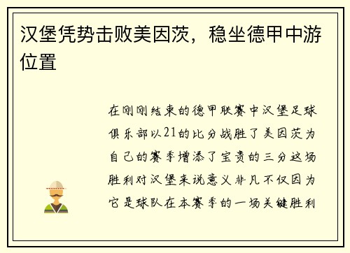 汉堡凭势击败美因茨，稳坐德甲中游位置