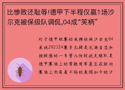 比惨败还耻辱!德甲下半程仅赢1场沙尔克被保级队调侃,04成“笑柄”