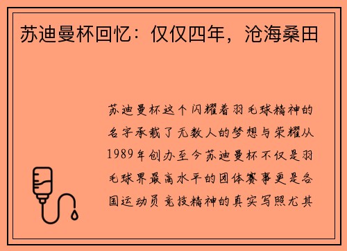 苏迪曼杯回忆：仅仅四年，沧海桑田